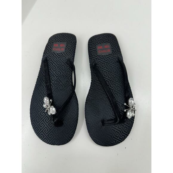 Chilis Womens Flip Flops Size 6 Black Rhinestone Butterfly Suede Thong NEW - Picture 1 of 10